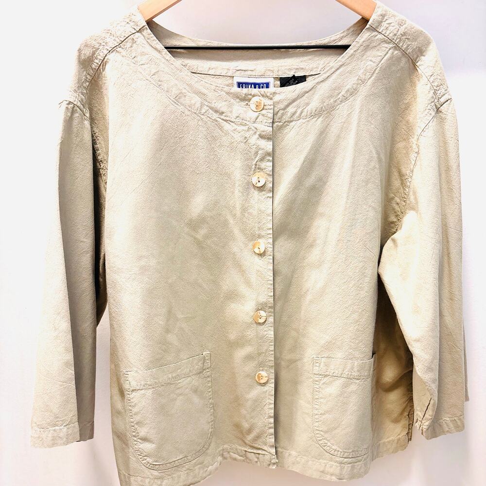 Vintage Erika & Co. Minimalist Collarless Utility Shirt Jacket Beige XL